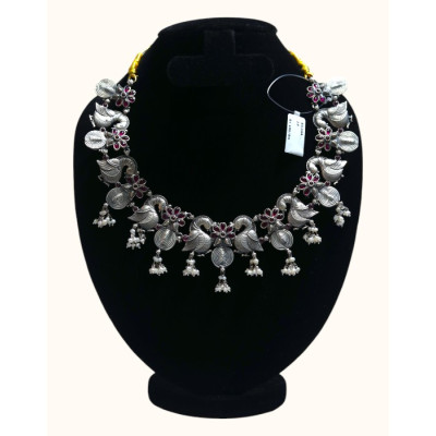 92.5 Sterling Silver Necklace with Bird and Floral Motifs 92.5 Sterling Silver Necklace with Bird and Floral Motifs