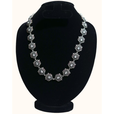 Oxidized 92.5 Sterling Silver Necklace with Intricate Floral Motifs and Ruby Accents Oxidized 92.5 Sterling Silver Necklace with Intricate Floral Motifs and Ruby Accents