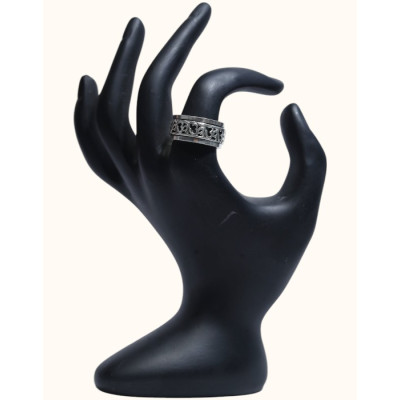 Oxidized 92.5 Sterling Silver Band Ring with Intricate Cutout Floral and Geometric Design Oxidized 92.5 Sterling Silver Band Ring with Intricate Cutout Floral and Geometric Design