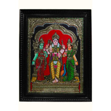Framed Tanjore Painting of Lord Murugan with Valli and Devasena