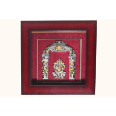 Framed Silver and Gold-Toned Idol of Lord Ganesha under an Arch