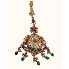 92.5 Sterling Silver Gold-Polished Antique Style Maang Tikka with Gemstone Accents 92.5 Sterling Silver Gold-Polished Antique Style Maang Tikka with Gemstone Accents
