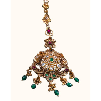 92.5 Sterling Silver Gold-Polished Antique Style Maang Tikka with Gemstone Accents