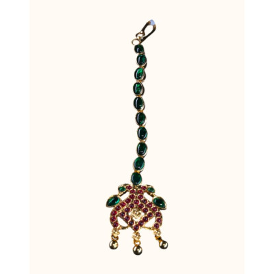  92.5 Sterling Silver Gold-Polished Maang Tikka with Emerald and Ruby Accents