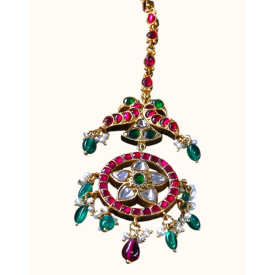 92.5 Sterling Silver Gold-Polished Maang Tikka with Jadtar Style Stone Setting