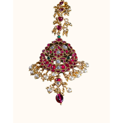 92.5 Sterling Silver Gold-Plated Kundan Polki & Red Onyx Maang Tikka