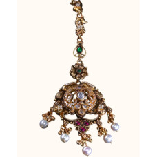 92.5 Sterling Silver Gold-Polished Maang Tikka with Gemstone and Pearl Accents 92.5 Sterling Silver Gold-Polished Maang Tikka with Gemstone and Pearl Accents