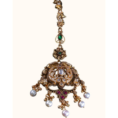 92.5 Sterling Silver Gold-Polished Maang Tikka with Gemstone and Pearl Accents