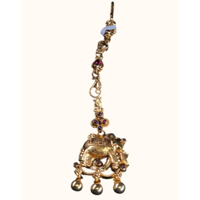 92.5 Sterling Silver Gold-Polished Antique Elephant Maang Tikka with Ruby Accents