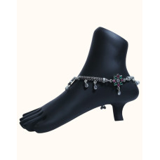 Oxidized 92.5 Sterling Silver Anklet with Floral Motifs and Gemstone Accents Oxidized 92.5 Sterling Silver Anklet with Floral Motifs and Gemstone Accents