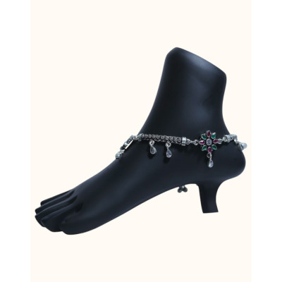 Oxidized 92.5 Sterling Silver Anklet with Floral Motifs and Gemstone Accents Oxidized 92.5 Sterling Silver Anklet with Floral Motifs and Gemstone Accents