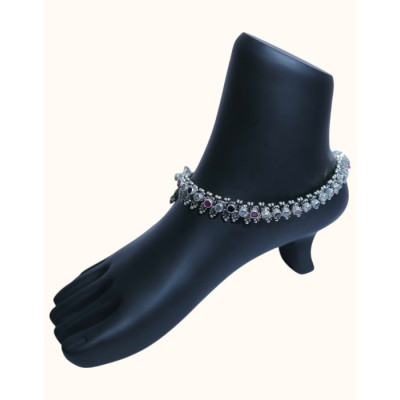Oxidized 92.5 Sterling Silver Jadtar Style Anklet with Gemstone Accents Oxidized 92.5 Sterling Silver Jadtar Style Anklet with Gemstone Accents