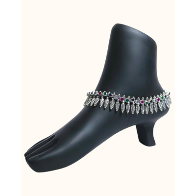 Oxidized 92.5 Sterling Silver Celestial Lace Pattern Anklet with Multicolor Gemstones Oxidized 92.5 Sterling Silver Celestial Lace Pattern Anklet with Multicolor Gemstones