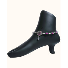 Oxidized Silver Anklet with Ruby-toned Gemstones and Teardrop Charm