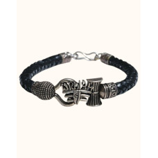 Oxidized 92.5 Sterling Silver and Braided Leather Shiva Trishul Damru Bracelet (Men's Kaapu) Oxidized 92.5 Sterling Silver and Braided Leather Shiva Trishul Damru Bracelet (Men's Kaapu)