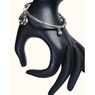 Oxidized 92.5 Sterling Silver Tribal-Style Kada with Dangling Charms