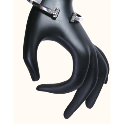 Sophisticated Rhodium "T" Motif Kada with Crystal Accents