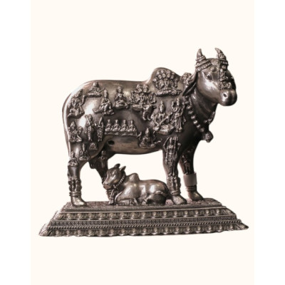 Exquisite 92.5 Sterling Silver Kamadhenu Cow and Calf Idol with Deities Exquisite 92.5 Sterling Silver Kamadhenu Cow and Calf Idol with Deities