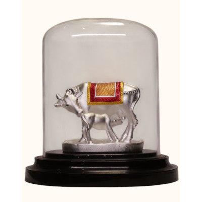 92.5 Sterling Silver Kamadhenu Cow and Calf Idol with Enamel Accents – Dome Display 92.5 Sterling Silver Kamadhenu Cow and Calf Idol with Enamel Accents – Dome Display