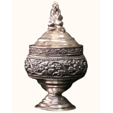 Exquisite 92.5 Sterling Silver Handcrafted Kumkum Box with Floral Motifs and Pierced Lid Exquisite 92.5 Sterling Silver Handcrafted Kumkum Box with Floral Motifs and Pierced Lid