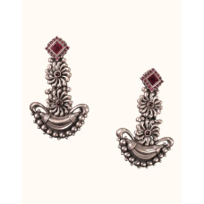  92.5 Sterling Silver Vintage Floral Earrings with Ruby-Red Stone Accent