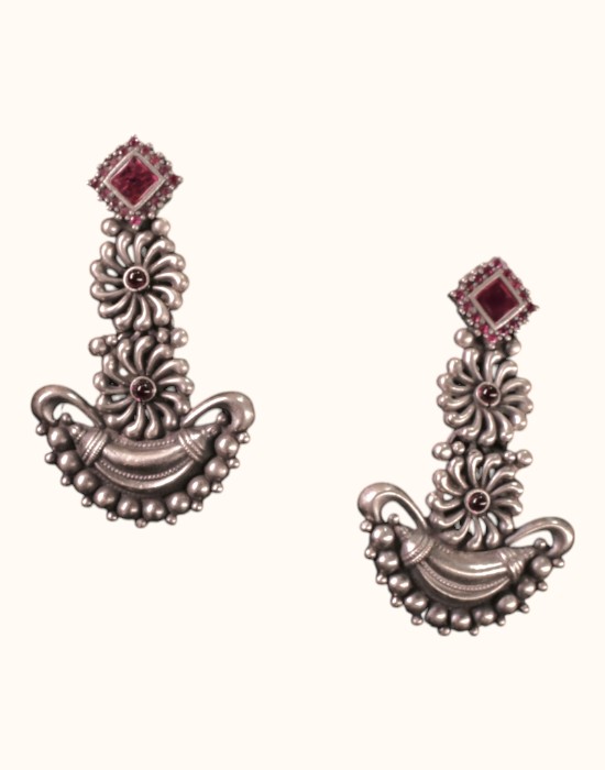  92.5 Sterling Silver Vintage Floral Earrings with Ruby-Red Stone Accent